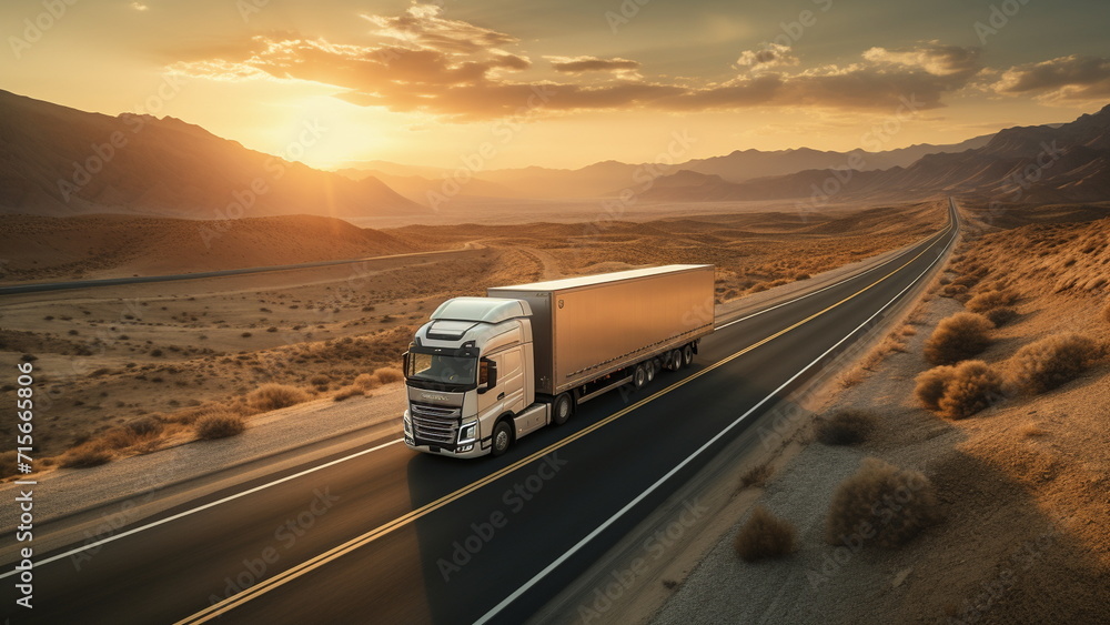 white cargo truck driving at sunset delivering factory logistics