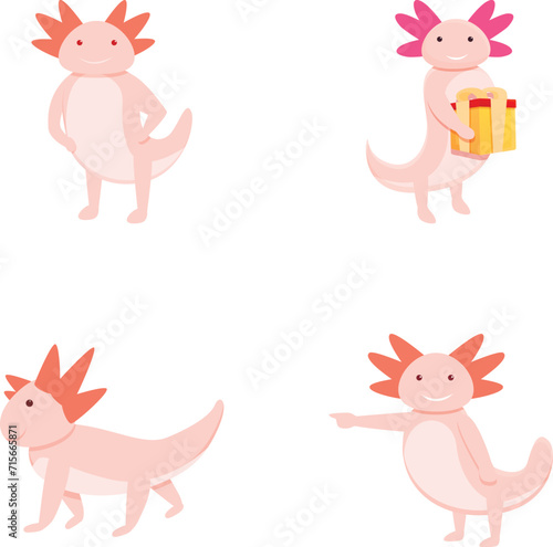 Cute axolotl icons set cartoon vector. Pink cartoon axolotl. Funny animal  amphibian