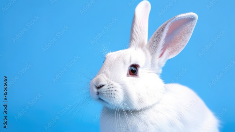 Fototapeta premium White rabbit on pastel blue background