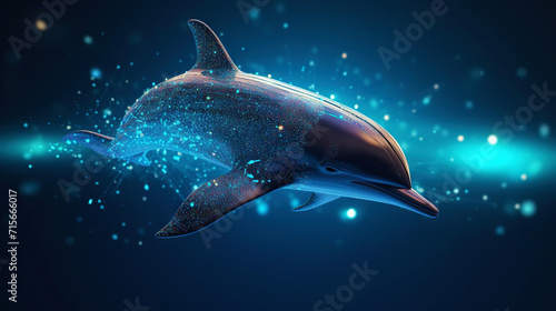 Big data visualization where a digital dolphin swims in the data stream. Futuristic background. Generative AI © kovalovds