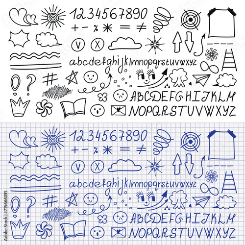 A collection of hand-drawn elements. Alphabet, numbers. Vector design.