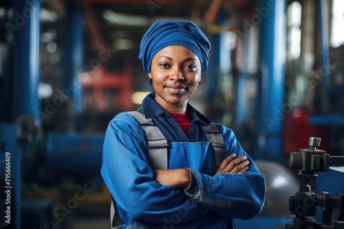 Confident female engineer in industrial setting, wearing blue uniform and safety gear, arms crossed. © Virtual Art Studio