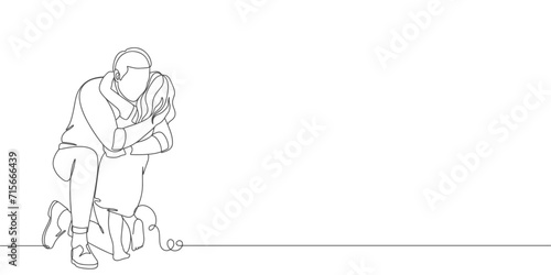 Happy father hugs his little daughter line art style vector illustration. Vector illustration