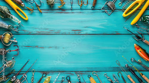 colorful simple wooden empty background framed with fishing hooks and baits, hobby, blank, space for text, boards