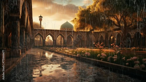 AI-generative captured the dramatic moment of rain accompanied by lightning in the mosque courtyard.  An extraordinary experience of nature full of beauty and power, created through digital visual art photo