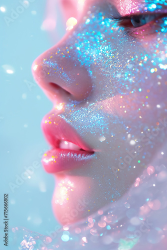 Close-up of a woman's face adorned with sparkling, iridescent glitter, capturing the essence of fantasy makeup and creative beauty. Ideal for beauty campaigns, makeup tutorials.