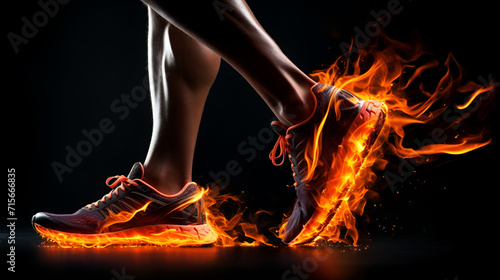 Legs of a runner with power in their veins isolated on black. Fire and energy, shoeses with fire on black background