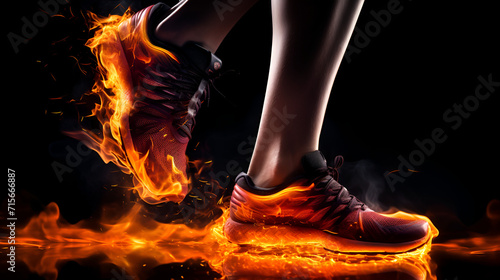 Sport. Runner. Side view of a jogger legs with the power in the veins isolated on black. Fire and energy. generative AI 
