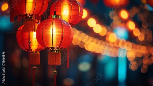 Generative AI. A close up shot of Chinese new year lantern on the night.