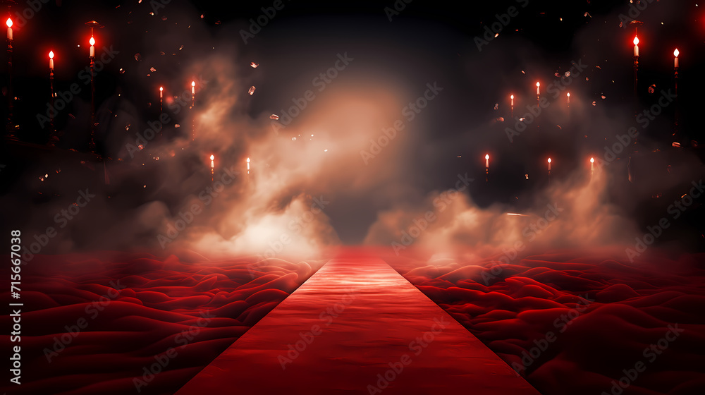 Red carpet on the stairs on dark background, the way to glory, victory and success - obrazy, fototapety, plakaty 
