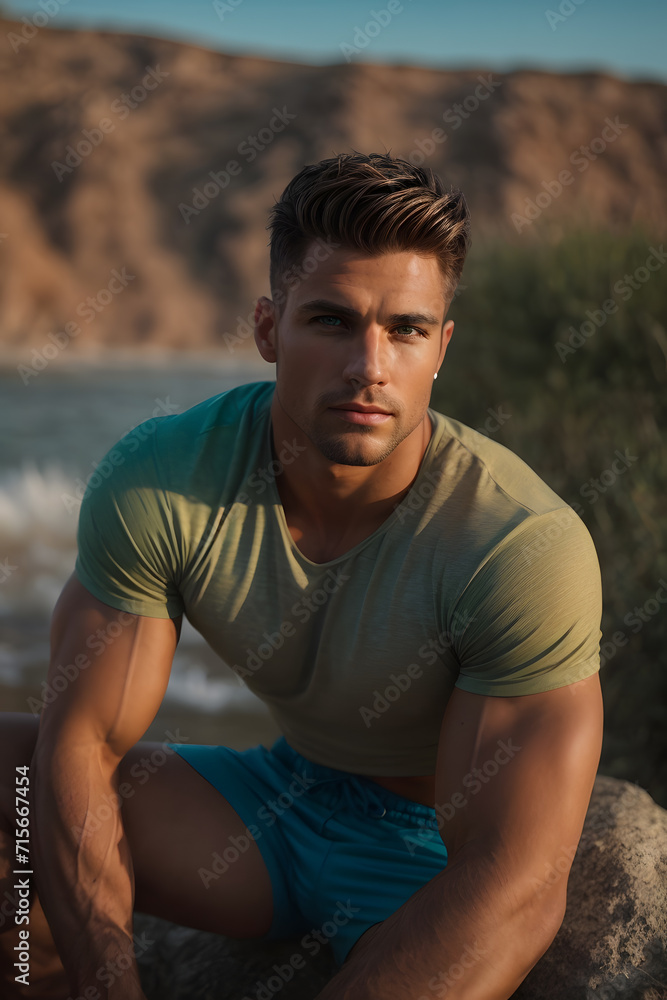 Man Sitting on Rock Near Ocean in Serene Contemplation on a Clear Day. Generative AI.