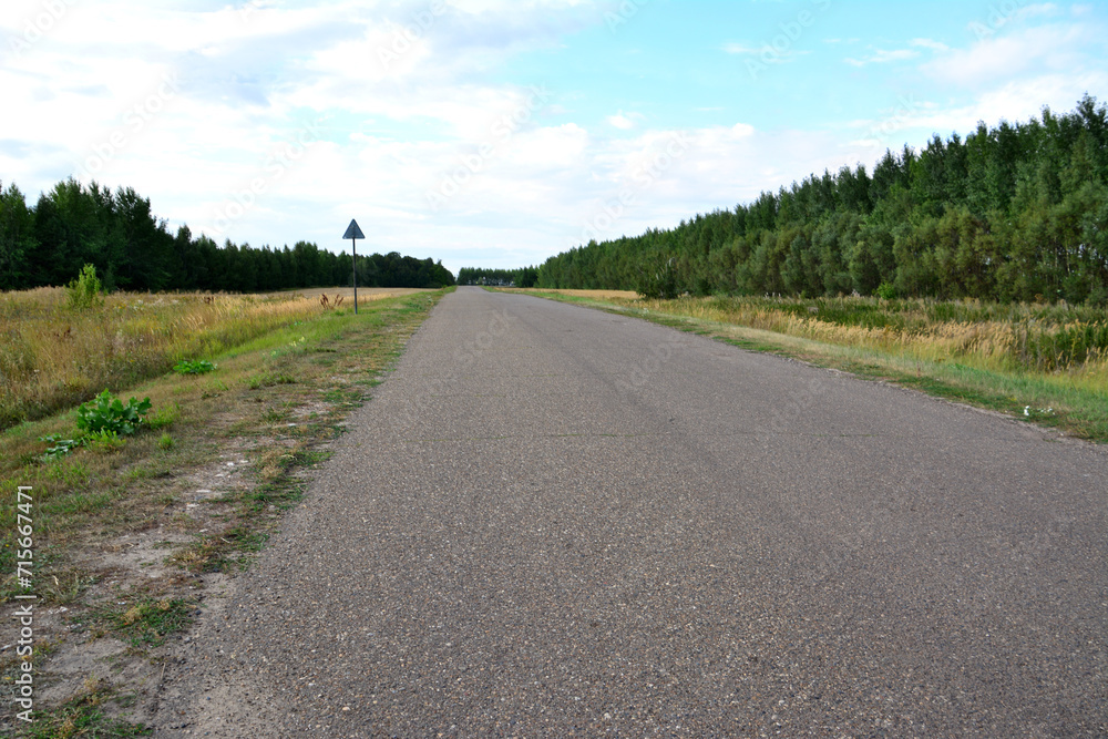 empty asphalt road going to horizon with blue sky and clouds copy space 