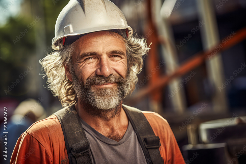 Friendly smiling construction worker, middle-aged Caucasian man with graying beard, hair and work helmet Friendly smiling construction worker, middle-aged Caucasian man with graying beard, hair and work helmet