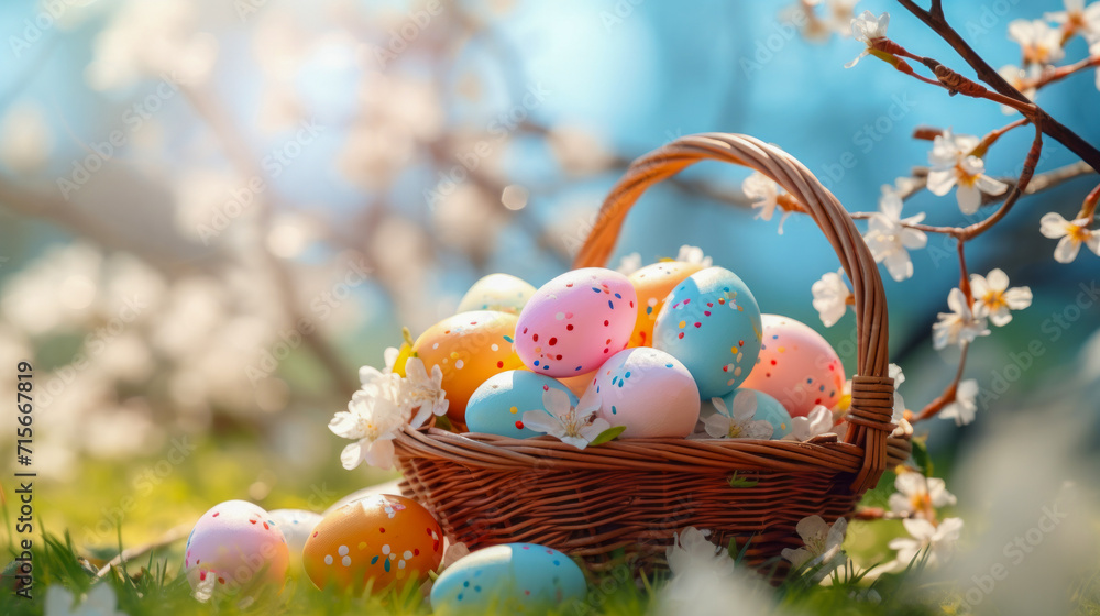 Wicker basket full of multicolored painted easter eggs on spring meadow under blooming cherry tree Wicker basket full of multicolored painted easter eggs on spring meadow under blooming cherry tree