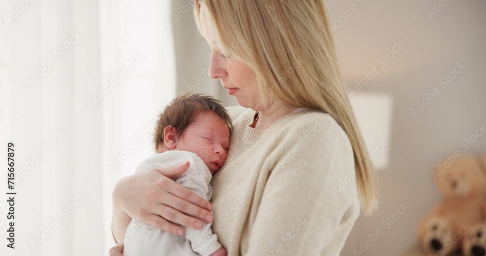 Family, love and mother with baby sleeping for bonding, relationship and child development at home. Newborn, motherhood and mom carrying infant for care, support and dreaming in nursery room Family, love and mother with baby sleeping for bonding, relationship and child development at home. Newborn, motherhood and mom carrying infant for care, support and dreaming in nursery room