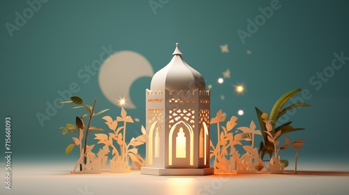 3d paper cut art illustration of lantern for ramadan kareem, eid al fitr and al adha mubarak greeting banner. islamic greeting cover card photo