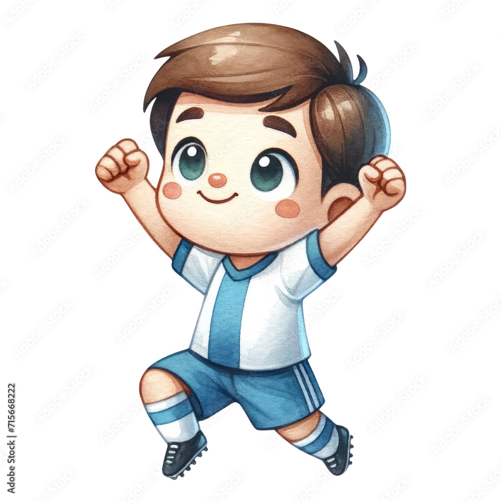 Watercolor cute boy football player celebrating. Soccer competition. Football element clipart. 