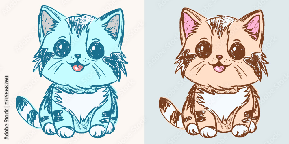 Fototapeta premium Set cute kitten boy and girl, kids vector print blue and pink