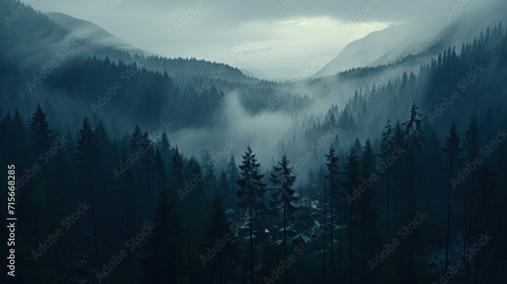 Evening dense foggy forest with high mountains in distance. Mysterious and atmospheric forest landscape. Generative AI - obrazy, fototapety, plakaty 