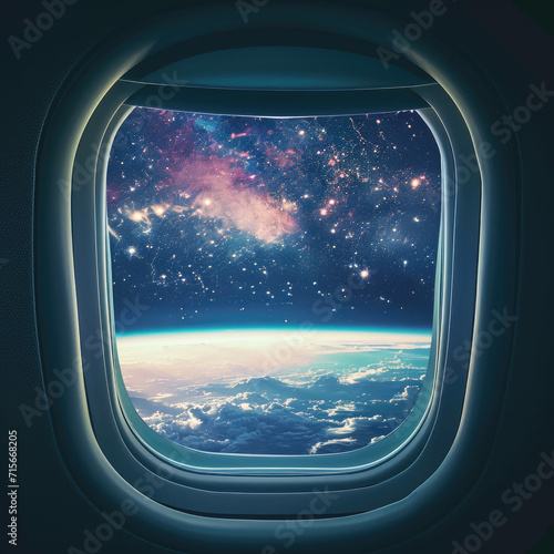 Into space looking through plane window into infinity universe. retro style. wide angle