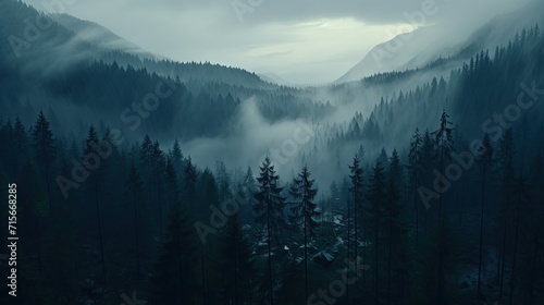 Evening dense foggy forest with high mountains in distance. Mysterious and atmospheric forest landscape. Generative AI © kovalovds