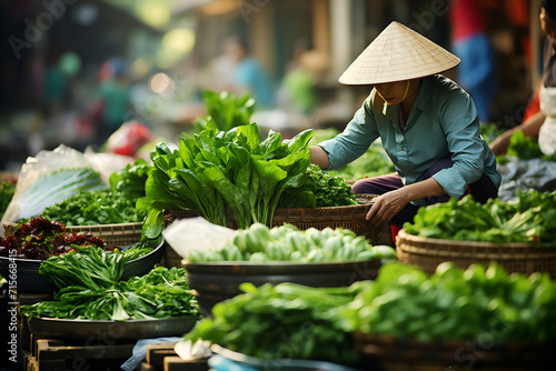 Asian woman selling vegetables at the market in Chiang Mai, Thailand