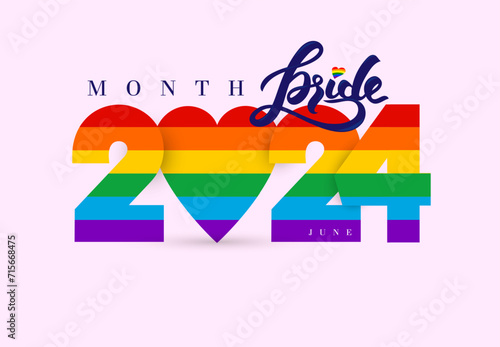 Lgbt 2024 pride month with rainbow heart. The pride flag representing LGBTQ pride. Symbol of pride month june support. Isolated on white background. Vector illustration photo