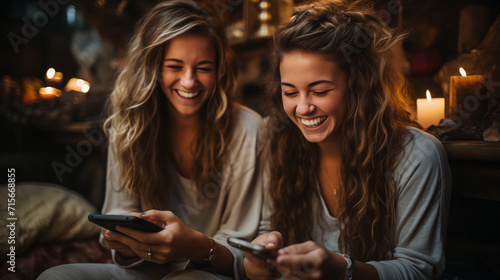 happy woman watching the smart phone. girl and friend having fun and looking at smart phone and tablet,people, friendship, cloud computing and technology concept - group of smiling teenage friends 