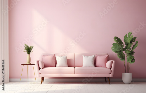 modern living room with sofa  3d rendering  elegant  pink  sofa  and pillow  potted houseplant against the pink wall  interior design of a modern living room