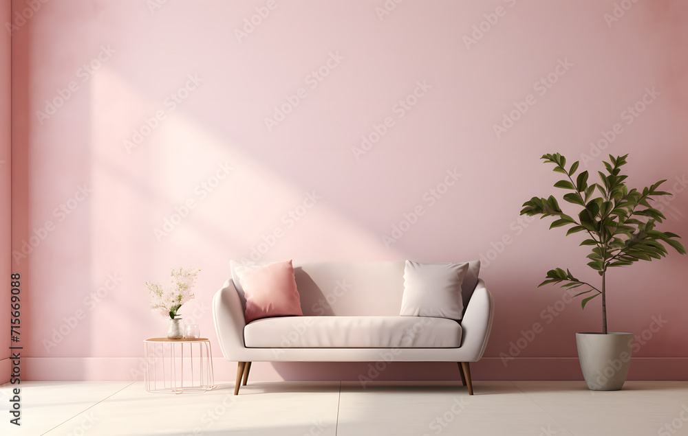 modern living room with sofa, 3d rendering, elegant  pink  sofa, and pillow, potted houseplant against the pink wall, interior design of a modern living room - obrazy, fototapety, plakaty 