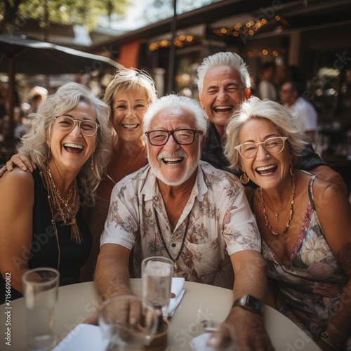 Senior people celebrating birthday in the restaurant having fun. Smiling active senior people posing and taking selfie. 