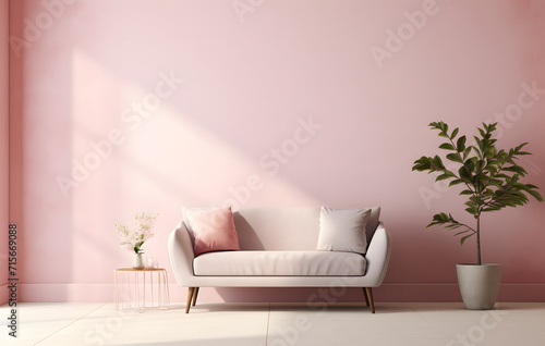 modern living room with sofa, 3d rendering, elegant  pink  sofa, and pillow, potted houseplant against the pink wall, interior design of a modern living room photo