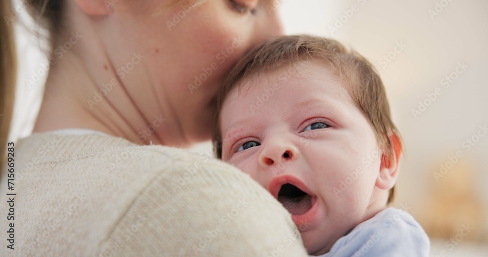 Baby, yawn and calm with tired newborn and mom in a bedroom at morning with care. Rest, relax and young kid with fatigue and mother support in a family home with motherhood in house with bonding Baby, yawn and calm with tired newborn and mom in a bedroom at morning with care. Rest, relax and young kid with fatigue and mother support in a family home with motherhood in house with bonding