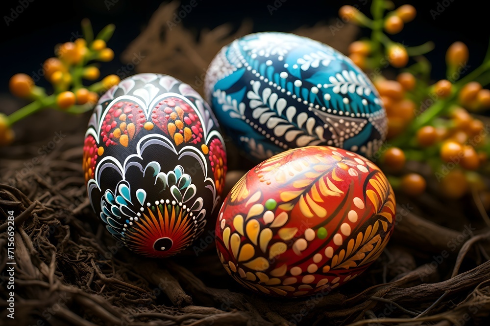Artisanal Easter eggs with detailed folk patterns symbolizing renewal and tradition Artisanal Easter eggs with detailed folk patterns symbolizing renewal and tradition