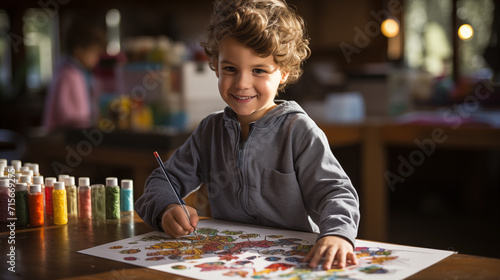Portrait of cute happy school kid boy at home making homework. Little child writing with colorful pencils, indoors. Elementary school and education. boy doing painting at home with pleasure
