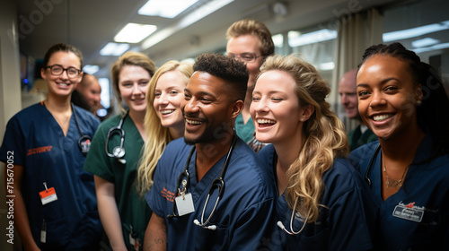 A group of doctors from different ethnicities smiling in a hospital  photo