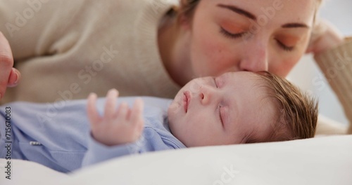 Family, love and a mother on the bedroom with her baby for sleep, rest or bonding together in a home. Children, bed and a woman in an apartment with her newborn infant to relax for care or growth