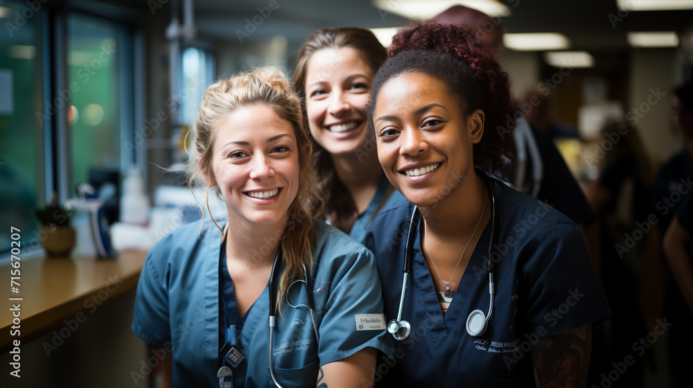 Women doctors smiling together in the hospital - obrazy, fototapety, plakaty 