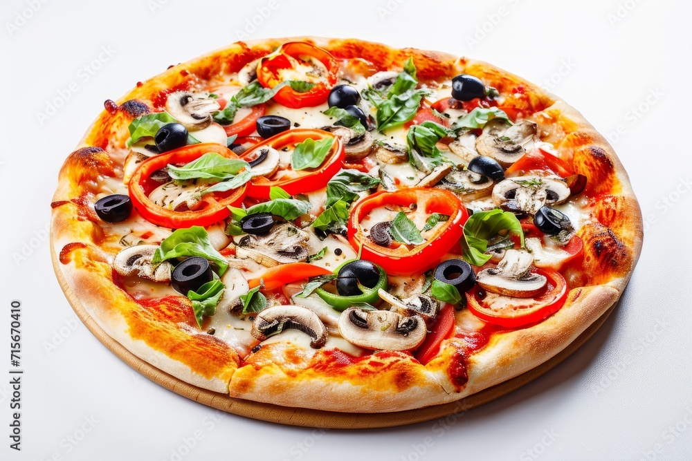 Delicious vegetarian pizza with champignon mushrooms, tomatoes, mozzarella, peppers, and black olives, isolated on a white background, isolated, close-up