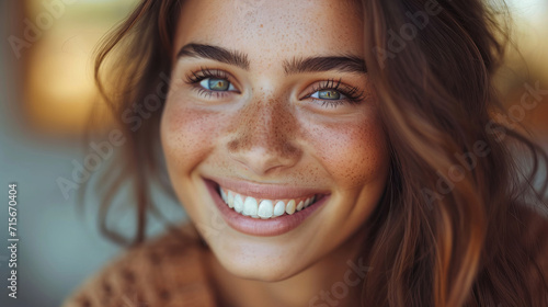 Warm smile of a woman with freckles, the image's authenticity enriched by AI generative methods.