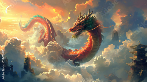 A fiery dragon weaves through a mystical sunset sky in this digital fantasy. © sorapop
