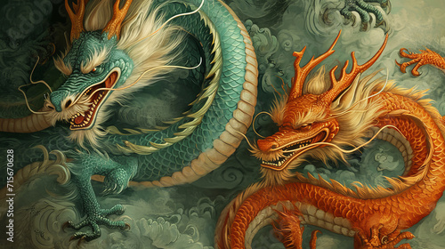 An illustration of two dragons, one green and one orange, in a mystical embrace. © sorapop