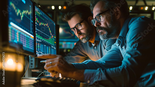 Team of traders working on stock market data on computer monitors. Forex trading concept.