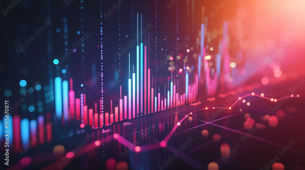 This image represents a stock market analysis with cybernetic bars and graphs illuminating in neon against a dark backdrop, showcasing the analytical power of AI Generative technology This image represents a stock market analysis with cybernetic bars and graphs illuminating in neon against a dark backdrop, showcasing the analytical power of AI Generative technology