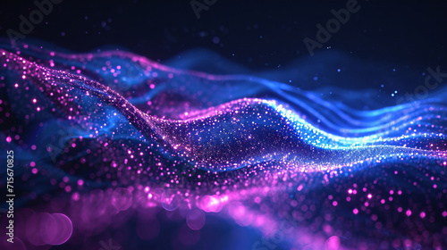 A captivating visual of sparkling particles and waves in brilliant pink and blue hues, symbolizing a fusion of technology and imagination is AI Generative photo