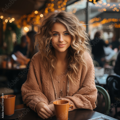 fashion outdoor photo of beautiful woman with dark hair in elegant outfit sitting in cafe, drinking a coffee on terrace in Europe.