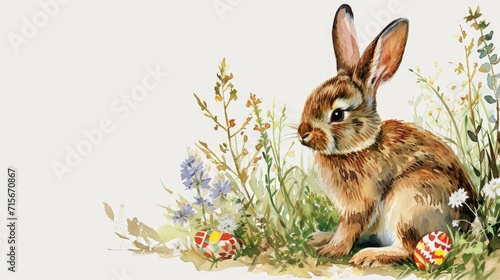 Easter Bunny in Spring Watercolor. Watercolor of a bunny among flowers and Easter eggs.