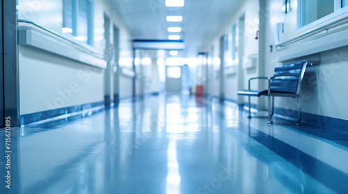 An empty hospital hallway conveys a clean and quiet healthcare environment, representing modern medical facilities in AI generative imagery. photo