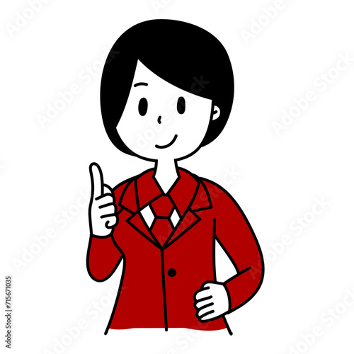 a woman in a red jacket giving a thumbs up