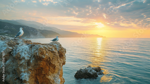 Beautiful seagulls sitting on a Cliff overlooking ocean while a sunset